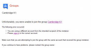 Unfortunately you were unable to join the group... You are using a different account from the intended recipient of the invitation. Unfortunately you were unable to join the group... You are using a different account from the intended recipient of the invitation.